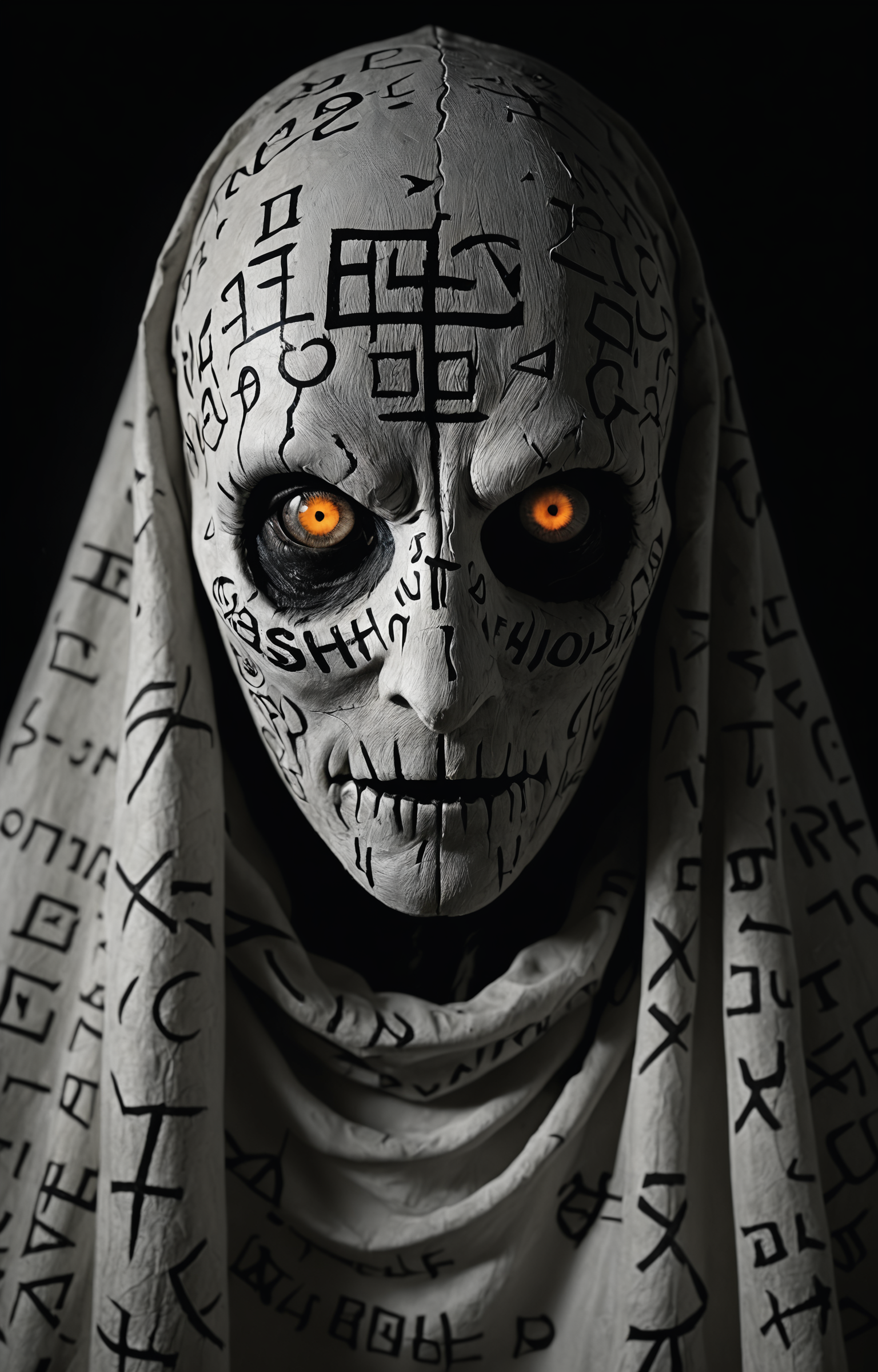 shadow, dark and mysterious creature,close up,shrouded and darkness, white  runic text ,grin, intriguing glowing  eyes , photo,Roger Ballen <lora:sss-000009:0.3> <lora:extremely_detailed:1>