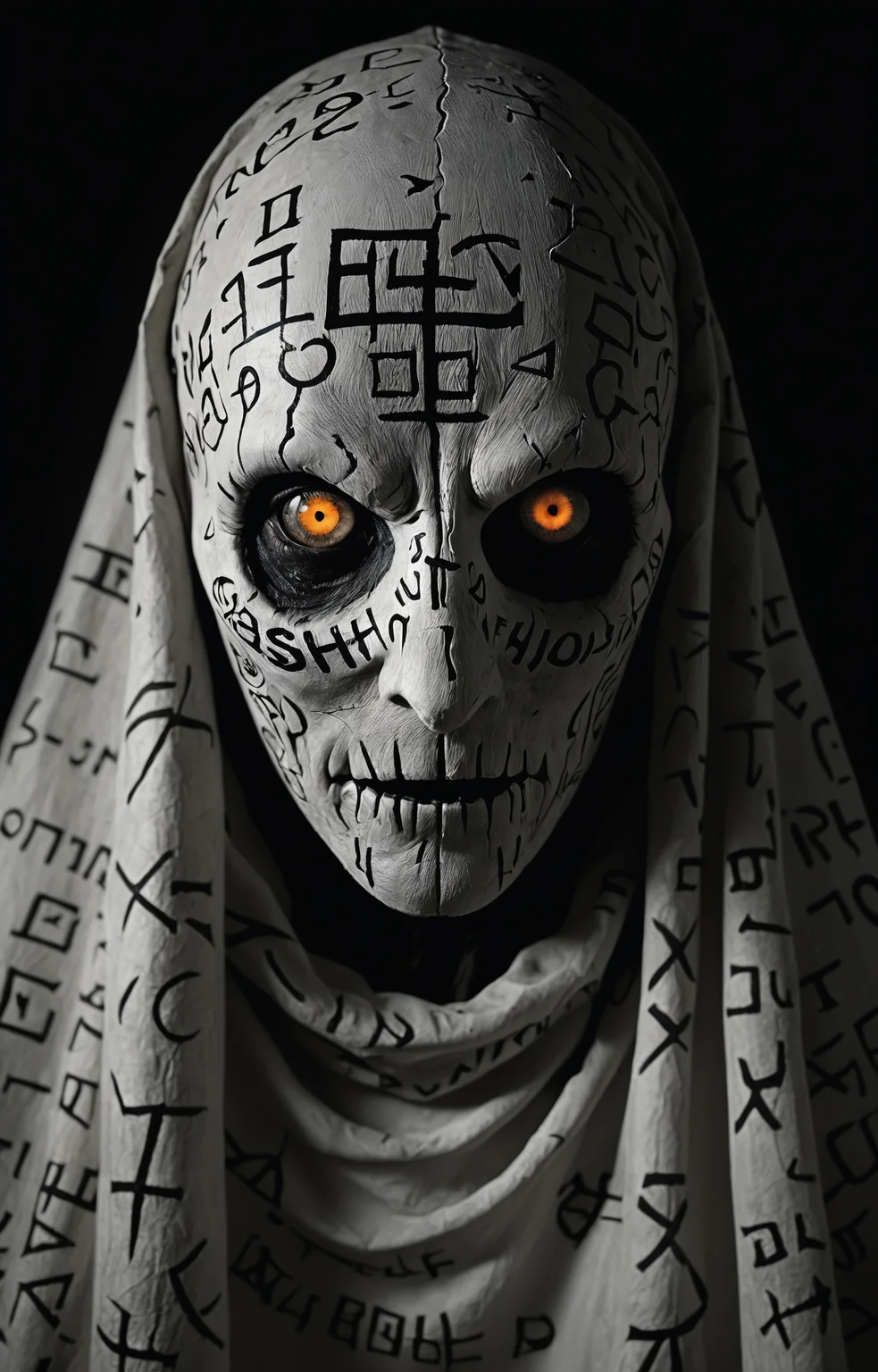 shadow, dark and mysterious creature,close up,shrouded and darkness, white runic text ,grin, intriguing glowing eyes , photo,Roger Ballen <lora:sss-000009:0.3> <lora:extremely_detailed:1>