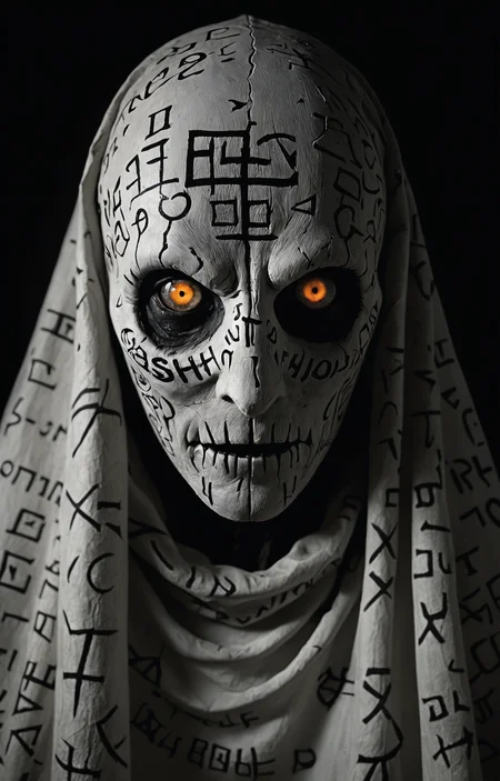 shadow, dark and mysterious creature,close up,shrouded and darkness, white runic text ,grin, intriguing glowing eyes , photo,Roger Ballen <lora:sss-000009:0.3> <lora:extremely_detailed:1>