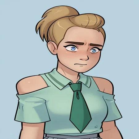 score_9, score_8_up, score_7_up, relatedguy, bust shot, solo, bare shoulders, CHAdora, simple background, one colour background, light blue background, Guilty, Downcast eyes, slumped shoulders, and a slightly ashamed expression, School Uniform, Green Tie, Green Collar Shirt, Skirt, Pleated Skirt, Short Sleeves, Long Socks,