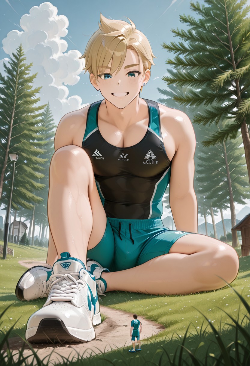 (masterpiece, best quality, very awa), BREAK, giant, giant male, giant and tiny, dynamic, cinematic, 1giant, 1tiny
BREAK, <giant: blonde male, athletic build, sporty clothes, sitting on grass, grinning, sporty shoes, shorts, fit body,>,
BREAK, <tiny man: standing on shoe, sports wear>,
BREAK, outdoors environment, outdoors setting, grass, trees, detailed background,