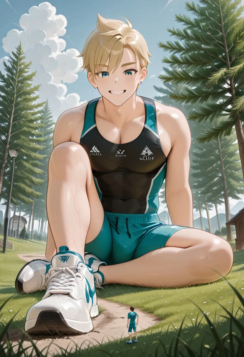 (masterpiece, best quality, very awa), BREAK, giant, giant male, giant and tiny, dynamic, cinematic, 1giant, 1tiny
BREAK, <giant: blonde male, athletic build, sporty clothes, sitting on grass, grinning, sporty shoes, shorts, fit body,>,
BREAK, <tiny man: standing on shoe, sports wear>,
BREAK, outdoors environment, outdoors setting, grass, trees, detailed background,