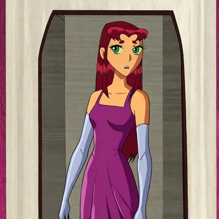 <lora:starfireteentitans_pony_v1:.8> StarfireTeenTitansDress, 1girl, elbow gloves, long hair, purple dress, red hair, green eyes, white gloves, cowboy shot