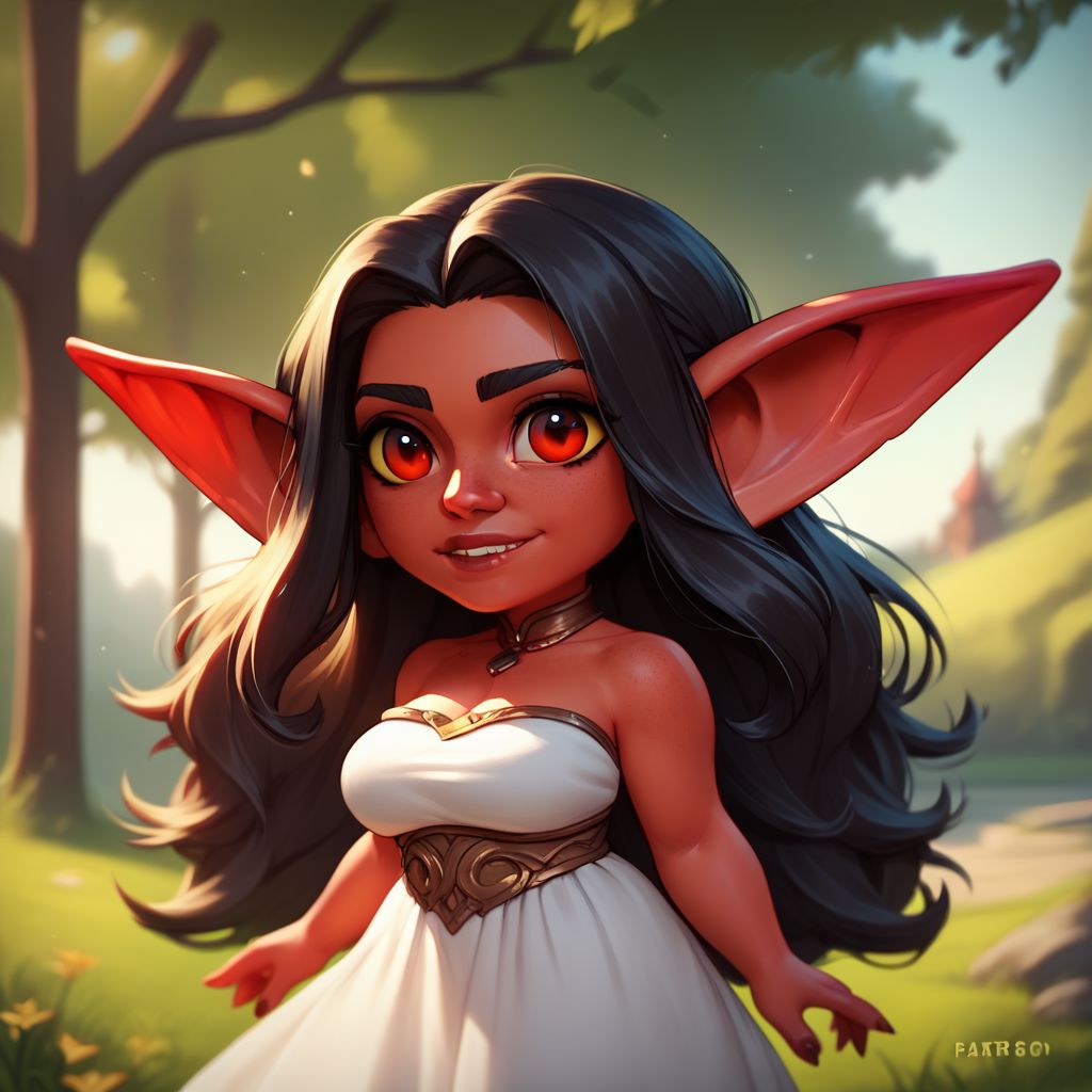 (((beautiful, high quality))), upper body, score_9, score_8_up, score_7_up, solo,
Goblin, shortstack, pointed ears, 1girl, black long hair, red eyes, red skin, fantasy white dress, 
outdoor, fantasy background, nature, blurred background,
