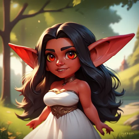 (((beautiful, high quality))), upper body, score_9, score_8_up, score_7_up, solo,
Goblin, shortstack, pointed ears, 1girl, black long hair, red eyes, red skin, fantasy white dress,
outdoor, fantasy background, nature, blurred background,