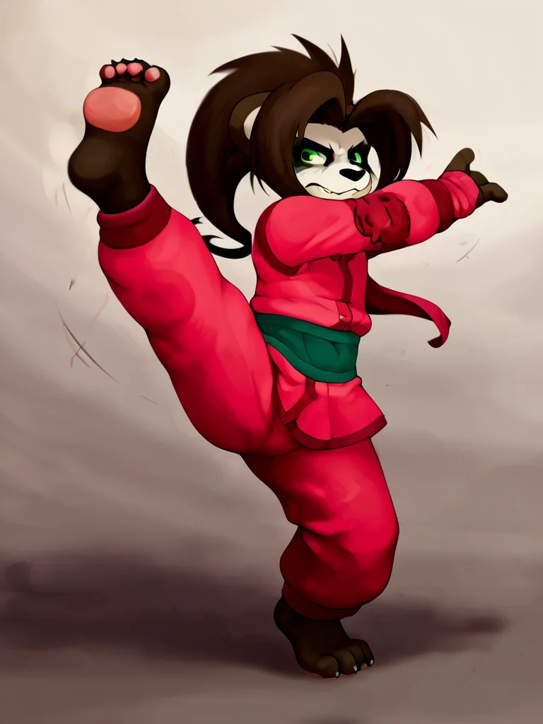 score_7, score_7_up, score_9, score_ 9_up, BREAK, <lora:Li_Li_Stormstoutfinal:1> li li stormsout, panda girl, pandaren, portrait, frontal view, kicking, paws, green eyes,