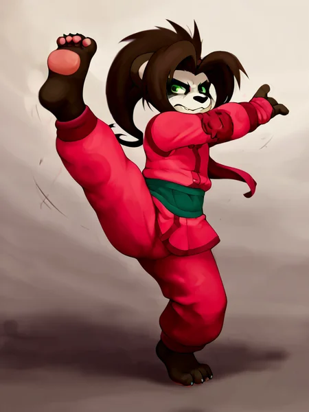 score_7, score_7_up, score_9, score_ 9_up, BREAK, <lora:Li_Li_Stormstoutfinal:1> li li stormsout, panda girl, pandaren, portrait, frontal view, kicking, paws, green eyes,