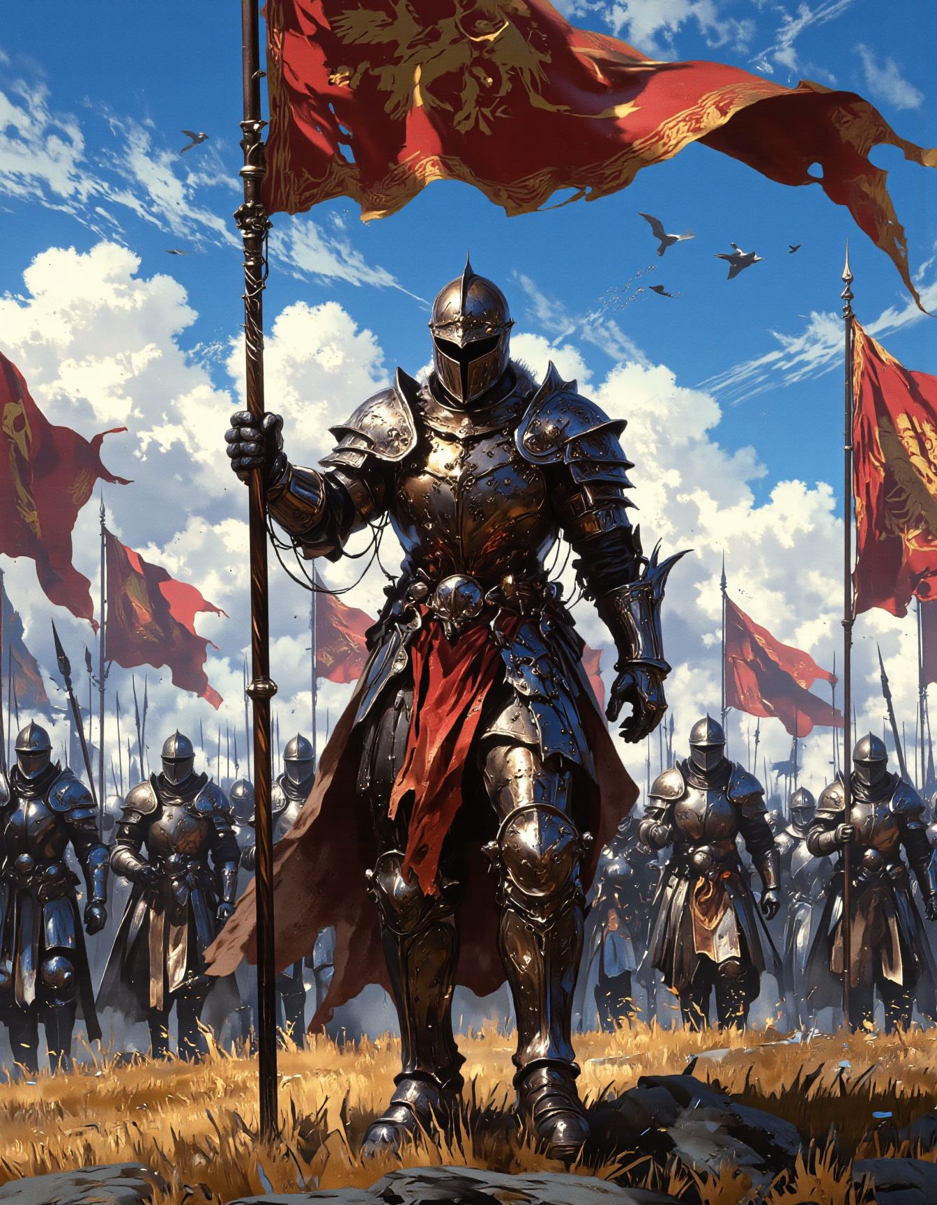 a powerful and epic scene in a dramatic, painterly style, reminiscent of fantasy war art: A heavily armored knight dominates the foreground, striding forward with immense presence. The knight is clad in ornate, dark metal plate armor with gold trim and intricate designs, a helmet fully obscures their face, adding to their imposing figure.  They powerfully grip a tall wooden pole topped with a large, waving red and gold banner, featuring a heraldic design, a griffin. A red sash is tied around the knight's waist, flowing in the wind. Behind the central knight and receding into the background, a large formation of similarly armored soldiers march forward, carrying spears and their own smaller banners, creating a sense of a vast army on the move. The terrain is grassy and somewhat uneven, suggesting a battlefield. The sky above is blue with scattered white clouds. The lighting is strong and directional, possibly midday sun, casting dramatic shadows and highlighting the textures of the armor, banners, and landscape. Capture the heroic and warlike atmosphere of a leader inspiring troops into battle, emphasizing movement, power, and dynamic composition, <lora:aidmaMJ6.1_v0.5_3:0.6>, <lora:dark_fantasy_flux:0.6>, <lora:Elden_Ring_-_Yoshitaka_Amano:0.4>, <lora:FantasyWizardWitchesFluxV2-000001:0.5>, <lora:RetroAnimeFluxV1:0.35>, <lora:Vibrantly_sharp_style_v.2:0.8>, <lora:绪儿 CG风滤镜FLUX:0.5>