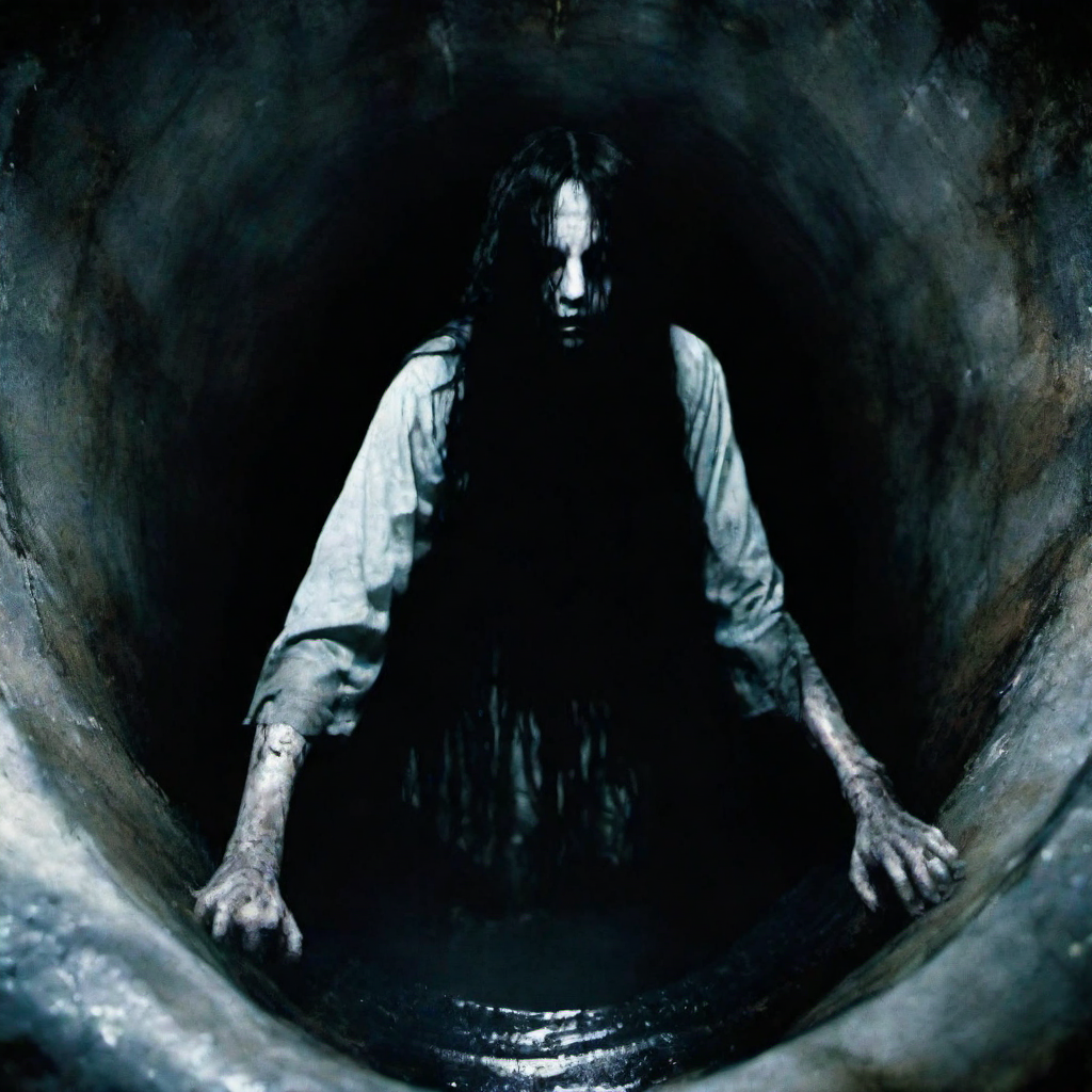 Horror-themed a creepy woman, hair hiding the face,  climbing out of a well <lora:lcm_lora_sdxl:1> <lora:TheRing1024:0.85> . Eerie, unsettling, dark, spooky, suspenseful, grim, highly detailed
