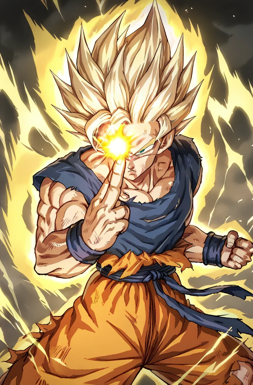 score_9, score_8_up, score_7_up, source_anime, <lora:makankosappo charge:1> makankosappo charge, finger on forehead, electricity, aura, energy on finger, , fighting stance, 1 boy, <lora:Goku_Pony_XL:0.8> Goku, Serious, Sayan2, , 50%, Aura,