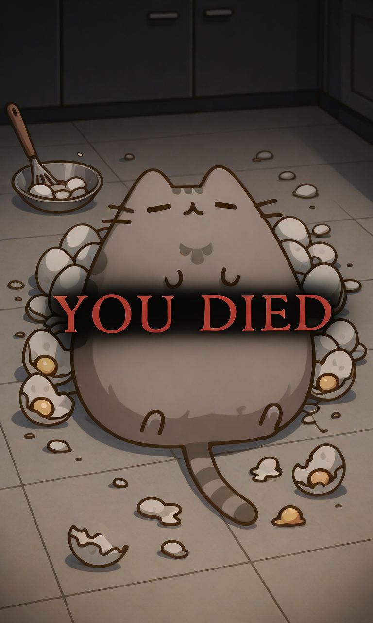 embedding:IllusP0s, you died, defeat, lying, pusheen, ><, broken eggs, kitchen floor, from above, on back, messy,<lora:PusheenIXL.safetensors:1.0:1.0> <lora:you died_illustrious.safetensors:1:1>