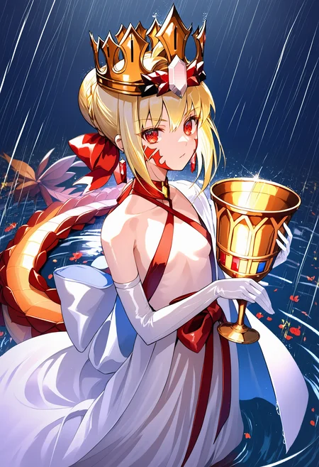 nero claudius \(fate\), dragon girl, 1girl, blonde hair, red eyes, crown, solo, white robe, scales, dragon tail, elbow gloves, tail, chalice, gloves, looking at viewer, robe, rain, braid, single glove, white gloves, french braid, small breasts, dress, ribbon, breasts, facial mark, hair bun, cup, red ribbon, ahoge, halterneck, criss-cross halter, hair ribbon, ripples, hair intakes, long hair, holding, pointy earrings
score_9, score_8_up, score_7_up, score_6_up, absurdres, best quality, masterpiece, very aesthetic
<lora:dragon_girl_pony_v2:1>