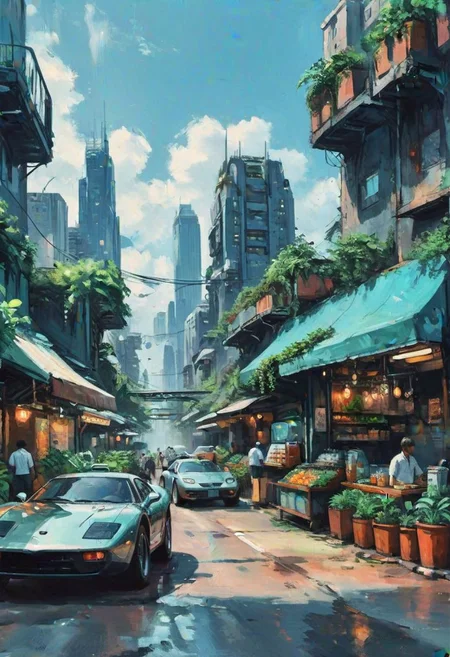 (scifi city))(edgy, gritty, lived in, futuristic, foodstall street venders on either side of the road, flying cars close up lush plants, glass iridescent techno modern sky scrapers, sky bridges) modern day,   digital illustration,  extreme detail, impressionist painting digital art,  4k,  ultra hd, hyperrealism, dark art impressionist painting