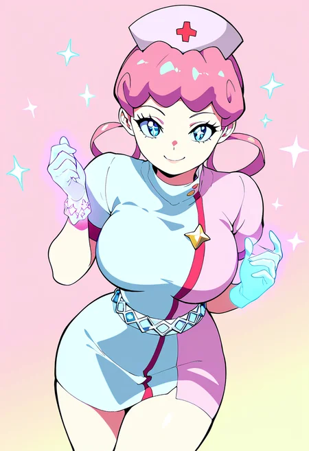 masterpiece, best quality, solo, curvy, beautiful eyes, narrow waist, wide hips, 1girl, solo, smile, looking at viewer, dynamic angle, foreshortening, close up,    zzNurseJoy, blue eyes, pink hair, long hair, hair rings, nurse cap,    ,<lora:NurseJoyPokemonIXL_v2:1.0>,[Aetherial Enchanter], transparent robe with shimmering silver edges, sparkling gemstone belt with star charms, soft glowing gloves, ethereal sandals with crystal heels, starry diadem floating above, mist and magic swirling around, astral plane backdrop with nebulae and floating stars, hands weaving unseen forces,