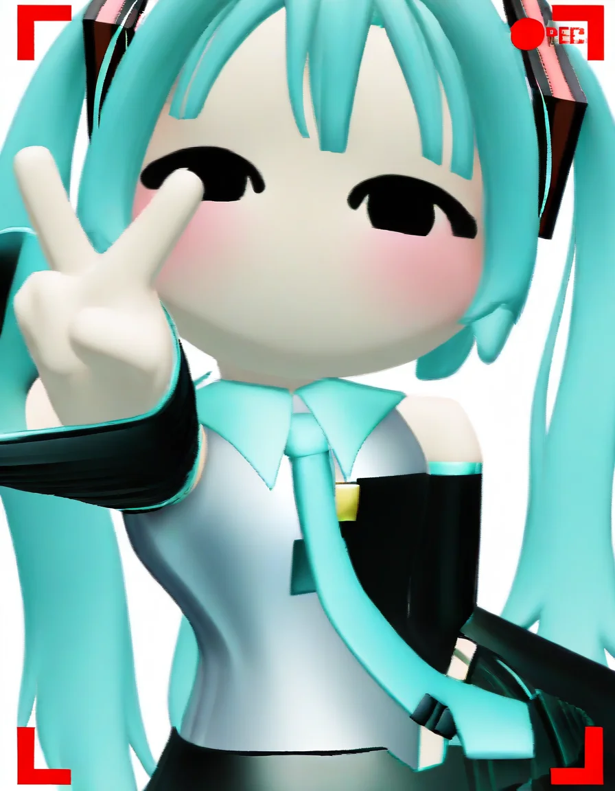 3d, solid circle eyes, chibi, black eyes, no mouth, 1girl, solo, standing, upper body, (hatsune miku:1.1), (half-closed eyes:0.8), blush, (v), looking at viewer, necktie, selfie, recording, white background, simple background, pixel,