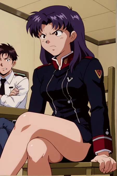 score_9, score_8_up, score_7_up,anime_source, source_anime, best background, detailed background, anime screencap, misato katsuragi, Festival Uniform, tsundere, angry, crossed legs, chair, sitting, dynamic angle, indoors, cowboy shot, <lora:JN_Misato_Katsuragi:0.8>