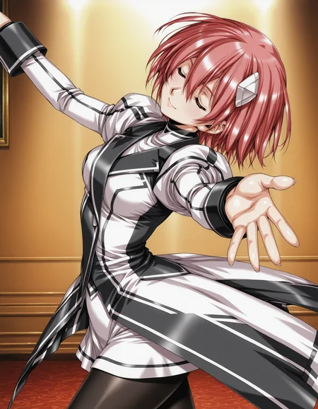 <lora:elessa-v2-illustrious-000080:0.9> elessa, hair ornament, juliet sleeves, coat, white skirt, miniskirt, pantyhose
1girl, solo, dancing, close-up, outstretched hand, closed eyes, smile, ballroom