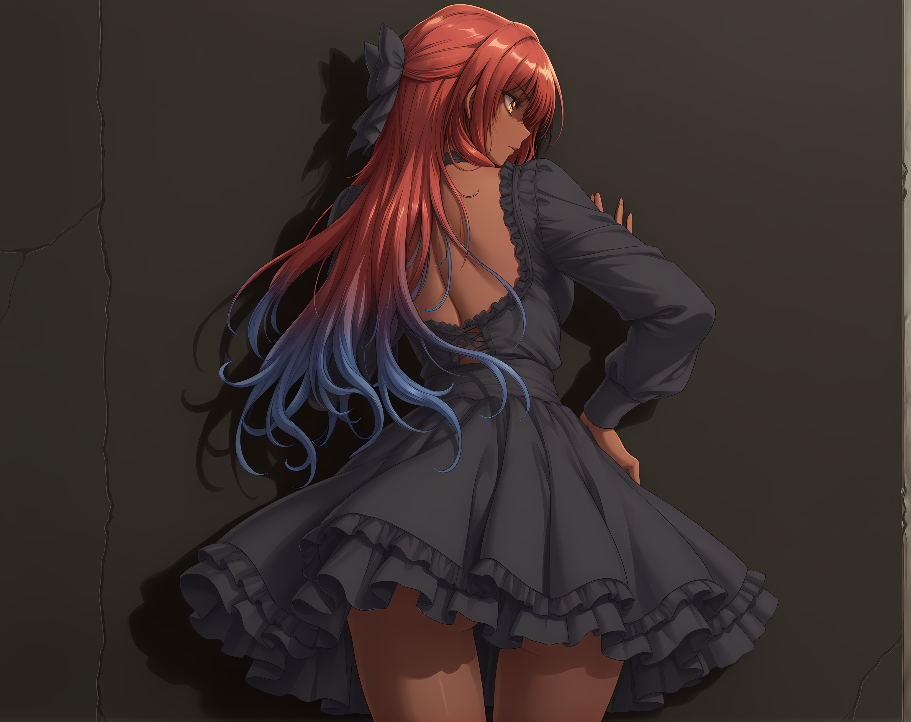 solo,<lora:AgnaGaretta:1>,agna,dark-skinned female,long hair,retro_colors,age_24,against_wall,one_leg_raised,back_against_wall,hand_on_hip,sultry_stare,frilled_dress,short,opaque_tights,portrait,face_focus,hair_bow,black,darkness,dim,shadows,portrait,Jedwtrsk,sketch,watercolor,multicolored hair,blue hair,red hair,wavy hair,, masterpiece,best quality,amazing quality, very aesthetic, absurdres,detailed eyes,ultra-detailed,