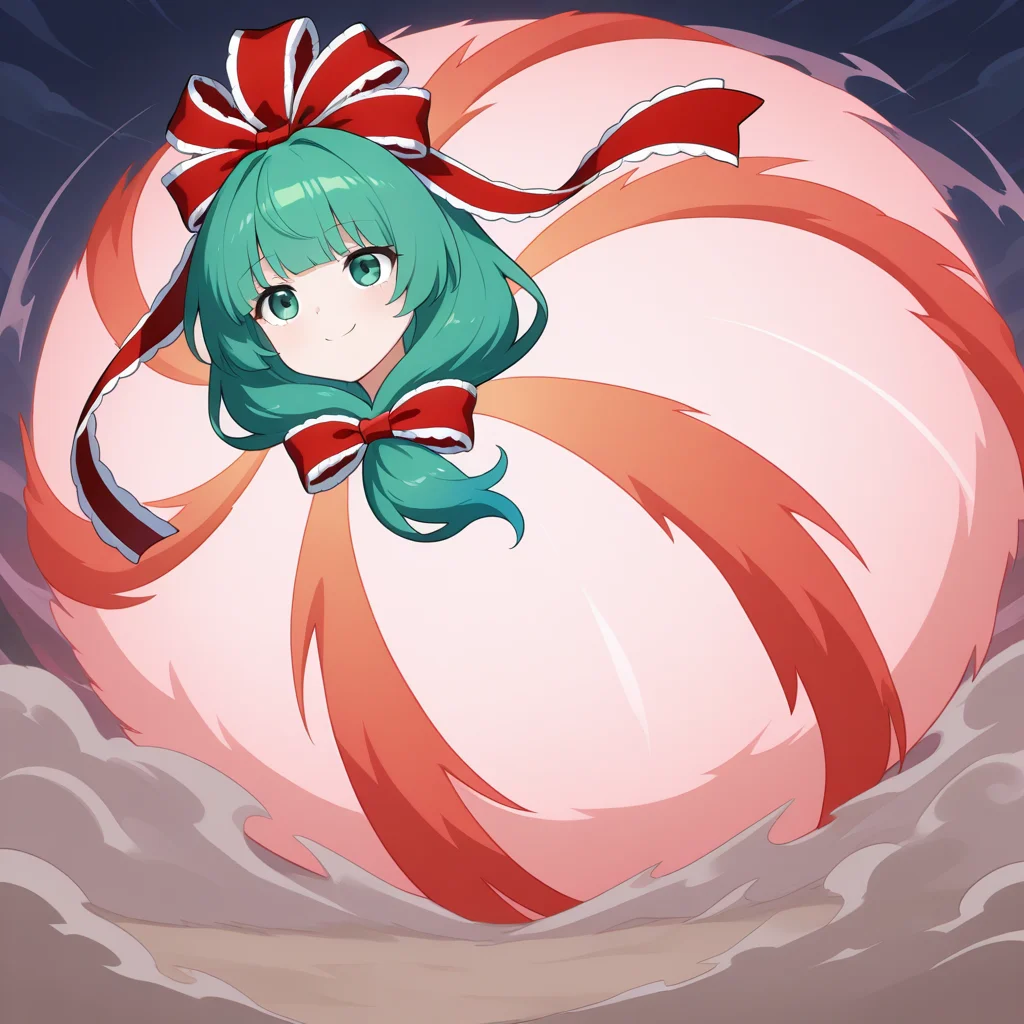 choukyuuhaoudeiedan, spinning, kagiyama hina, 1girl, solo, green eyes, green hair, long hair, front ponytail, hair ribbon, red ribbon, lace trim, red smoke, outdoors, dust, smile, head only,