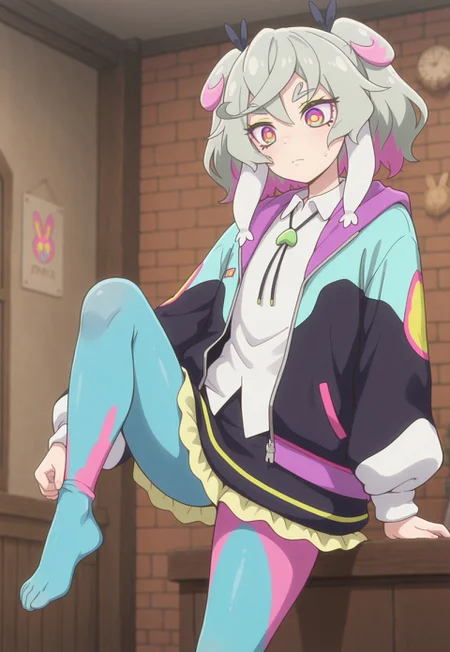 masterpiece,best quality,amazing quality, Pr3me, Multicolored Hair, Multicolored Eyes, Multicolored Jacket, rabbit ears, Collared Shirt, multicolored pantyhose, leg up, foot up, grabbing ankle, solo,