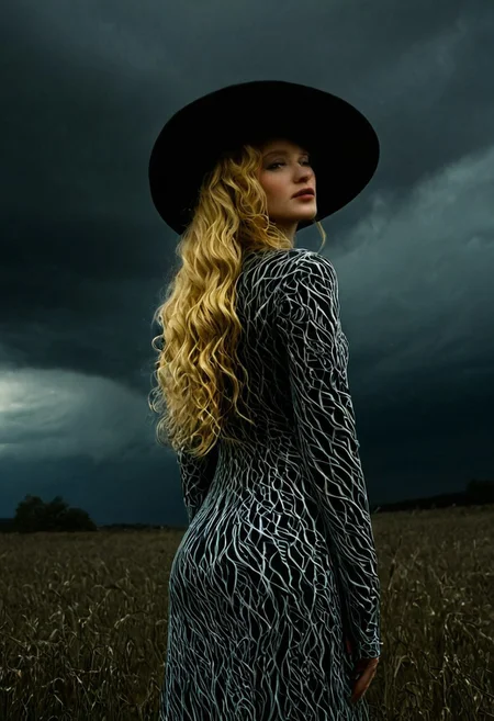 This is a highly detailed, photorealistic digital artwork featuring a striking, statuesque woman with an ethereal, almost mythical appearance. She stands against a dramatic, dark, cloudy sky, suggesting an ominous, almost stormy atmosphere. Her skin has a porcelain complexion and she has long, wavy, golden-blonde hair cascading down her back, styled in loose waves. She wears a large, black, wide-brimmed hat adorned with intricate, twisted, branch-like designs, adding to her otherworldly aura.
