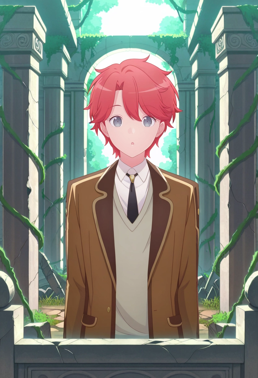 masterpiece, best quality, , , looking at viewer, 1boy, solo, male focus, <lora:sirius_dieke_ilxl:0.92>, sirius_dieke, red hair, grey eyes, short hair, brown jacket, black necktie, school uniform, white shirt, collared shirt, ancient ruins, stone pillars, overgrown vines, broken statues, exploring pose, curious expression, morning light, burglar costume