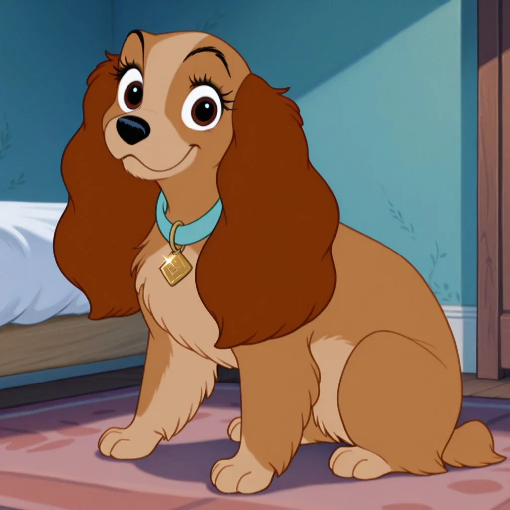 lady, female, dog, disney, cocker spaniel, long brown ears, tan fur, light tan belly, light tan paws, brown eyes, blue collar with gold diamond-shaped tag BREAK score_9, score_8, score_7, no humans, (((full body))), standing, solo, female, feral, hight definition, hyper detailed, best quality, amazing quality, 1girl, cute, cute smile, cute pose, 8k, masterpiece, looking at viewer BREAK sitting, happy, friendly, adorable, expressive eyes, sweet, smiling, closed mouth, half-open eyes, indoors, on bed