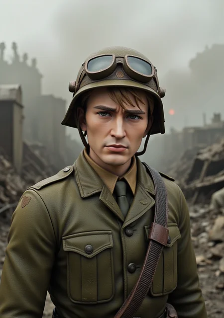 A high-quality photograph of a semi-realistic anime figurine of a man standing in a war-torn battlefield. He wears a worn, olive green military uniform with a pair of dog tags and a rifle slung over his shoulder. On his head, he wears a battered helmet with a pair of goggles perched on his forehead, giving him a rugged and battle-hardened appearance. His light brown hair is cut short and practical, with a few strands messy and unkempt from the rigors of combat. He wears an exasperated expression, with a furrowed brow and a hint of frustration in his eyes, as if he's had to deal with one too many challenges on the battlefield. His eyes seem to be saying "what's next?" The atmosphere is one of chaos and uncertainty, with a sense of danger and urgency hanging in the air. The background is a blurred mix of ruined buildings, barbed wire, and smoke, evoking the intense and brutal reality of World War 2.