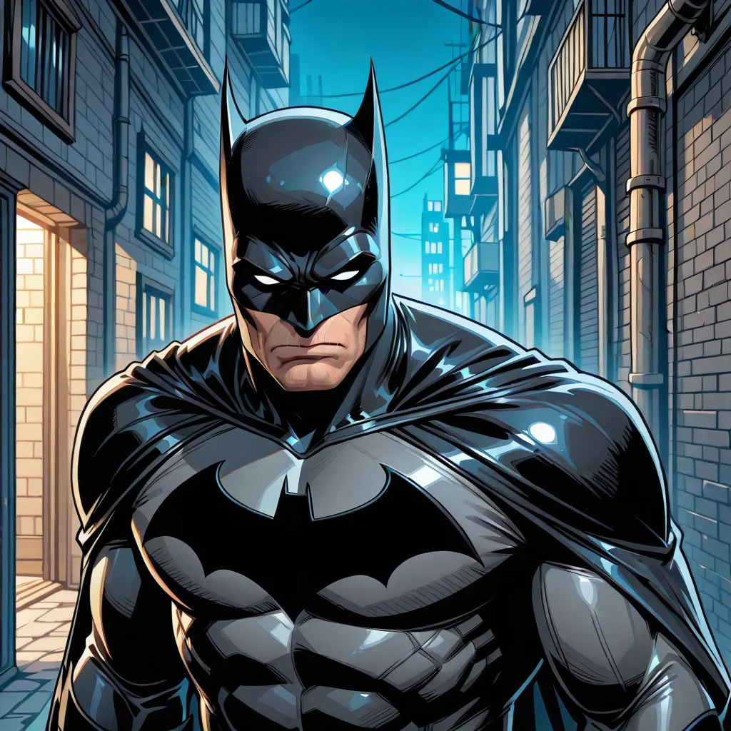 <lora:Batman_-_IO_Illustrious:0.7>,1boy, close up, upper body, Batman, cowl, cape, batsuit, white eyes, blank eyes, standing in an alley, night scene