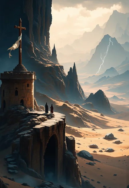 A desolate, windswept plateau stretches endlessly beneath a storm-laden sky, its jagged cliffs carved by time and war. At its heart stands a towering, crumbling Templar citadel, its stone walls scarred by centuries of forgotten battles. A lone, weathered cross rises from the ruins, wrapped in tattered banners that whip violently in the howling wind. The landscape is bleak yet awe-inspiring—endless dunes of ashen sand swirl in ghostly patterns, and shattered obelisks jut from the earth like forgotten sentinels. Distant lightning silhouettes the remnants of a once-great fortress, while a blood-red sun sinks behind the ruins, casting elongated shadows over the forsaken land. This is the final bastion of an order long lost, where only whispers of faith remain among the broken stones.