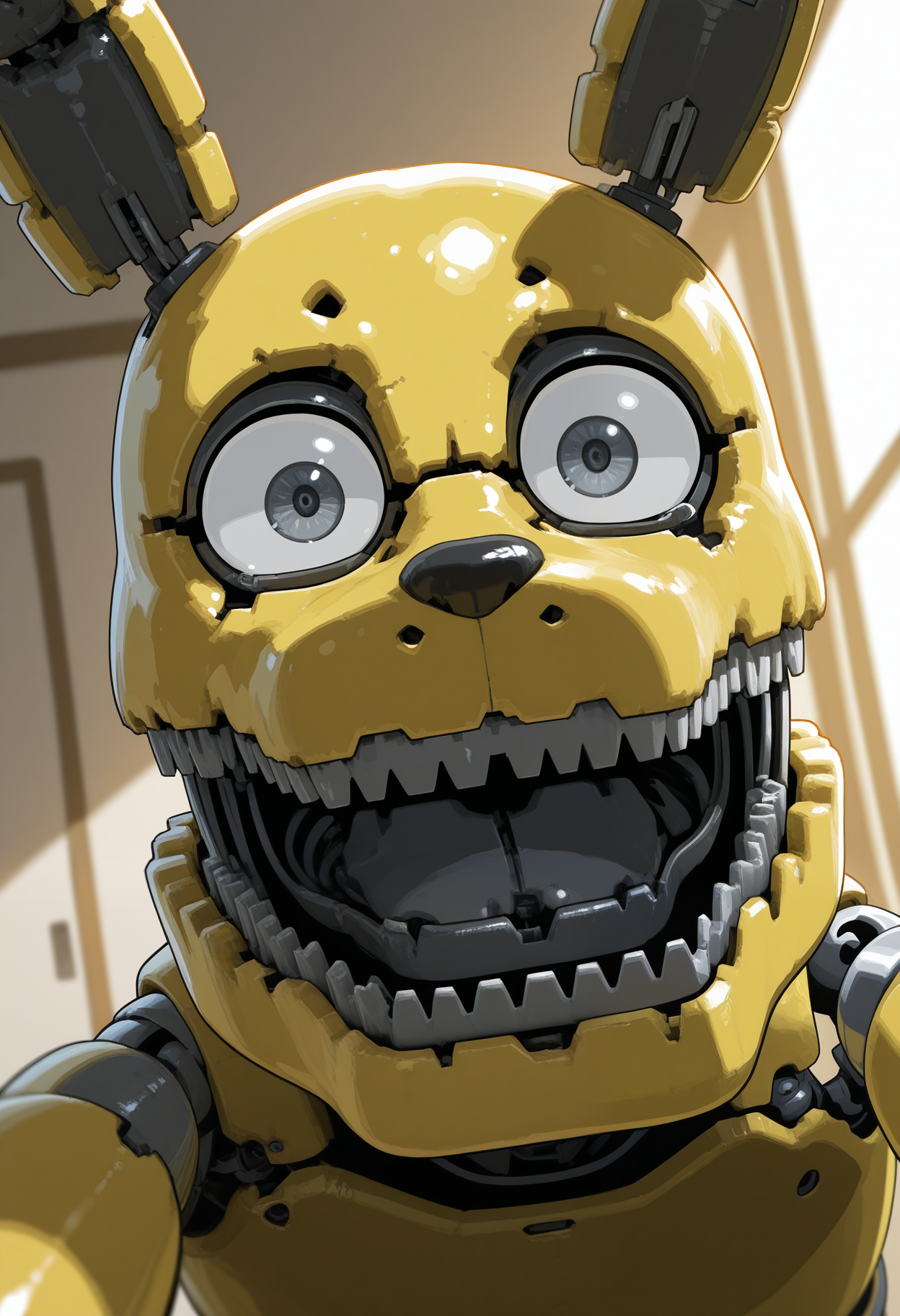 masterpiece,best quality, amazing quality, 1boy, solo, plushtr4p, robot bunny boy, grey eye, yellow skin, yellow chest, close up, 