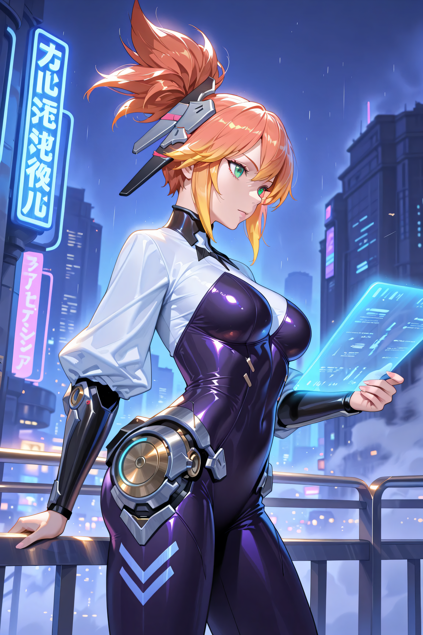 Masterpiece, best quality, ultra-detailed, absurdres, newest, very aesthetic, cinematic, dramatic lighting,  
1girl, solo, fannyaspirant, orange hair, multicolored hair,ponytail, sidelocks, bangs, green eyes, headgear, futuristic bodysuit, high-tech armor accents, confident stance, cowboy shot, leaning on balcony railing, focused gaze, holding glowing hologram, neon lights reflecting on skin, deep blue and magenta hues, cyberpunk cityscape, flying cars in the distance, atmospheric fog, digital rain, illuminated streets below, cinematic depth of field, dramatic lighting contrast, high-tech aesthetic, evocative storytelling, painterly aesthetic, fine art photography style
