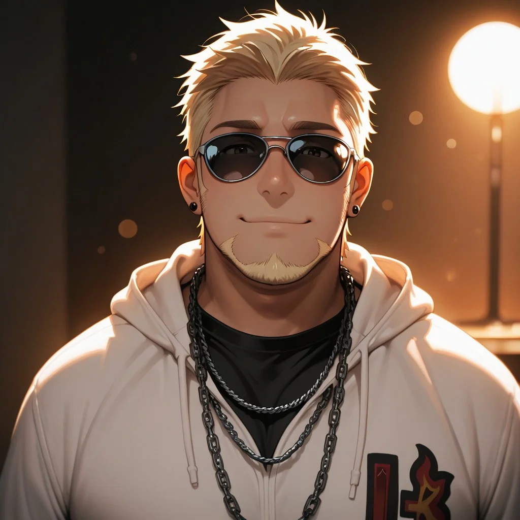 masterpiece, best quality, amazing quality, absurdres, newest, detailed background, definition so sharp, Ultra-HD, 8K cinematic, very awa, impressionate, amazing quality, highres,
solo, male focus, manly, shadow, shiny skin, bokeh, warm light, light particle, looking at viewer,
1boy, short hair, goatee, chubby, sunglasses, earrings, sideburns, rikiokamamoto, rikio_blonde, rikio_brown eyes, white hoodie, chain necklace, black shirt,
smile, gentle, looking at viewer