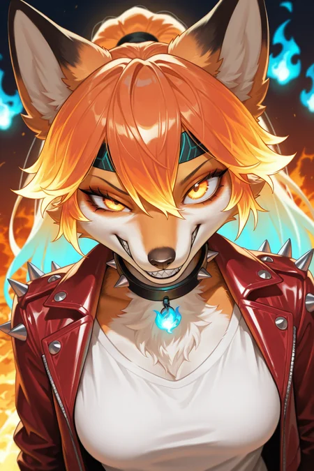 masterpiece, best quality, amazing quality, very aesthetic, high resolution, ultra-detailed, absurdres, newest, scenery, 1girl, furry, anthro, dark ambient, glow, anthro furry female orange fox, phoenix fox girl, orange fur, gradient hair, orange flame hair AND (blue flame hair:1.2), hair between eyes, glowing gradient orange yellow eyes, large eyes, uneven eyes, enface portrait, small, medium breasts, looking at viewer, intimidating, smirk, smug, grin, crazy smile, sharp teeth, black headband with fire pattern, black collar with white spikes, leather flaming hot red jacket over white shirt, cinematic lighting, fluffy, portrait, face focus, dutch angle, from above, upturned eyes, (detailed multicolor fire forest background, fiery background:1.2), (blue fire:1.2) AND red fire, BREAK, detailed eyes, photorealistic details, depth of field, detailed fluffy fur, volumetric lighting