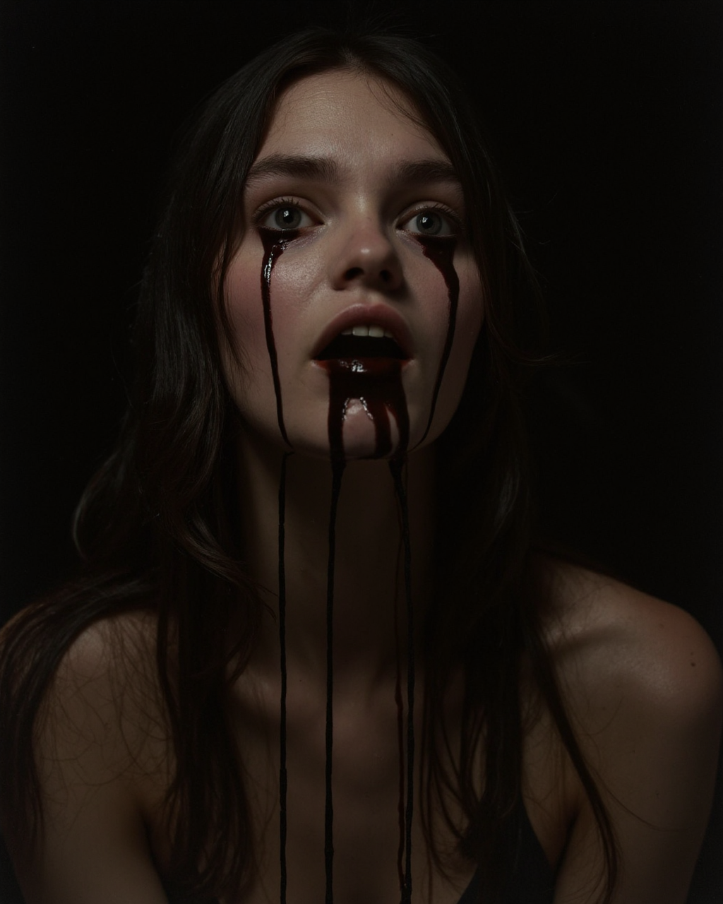 Kaos, The image is a photograph capturing a young woman with a pale, fair complexion and long, dark brown hair that cascades down her back. She has a slender build and is depicted with her mouth open, revealing her tongue and a small amount of saliva. Her eyes are wide open, reflecting a mixture of shock, fear, or horror, with tears streaming down her face, creating a stark contrast against her pale skin. The tears and saliva are depicted as dark, almost black, giving the image a surreal, haunting quality. Her expression and the dark fluid trickling from her mouth suggest a visceral, emotional, or supernatural scenario.
The background is dimly lit, creating a shadowy, ominous atmosphere.