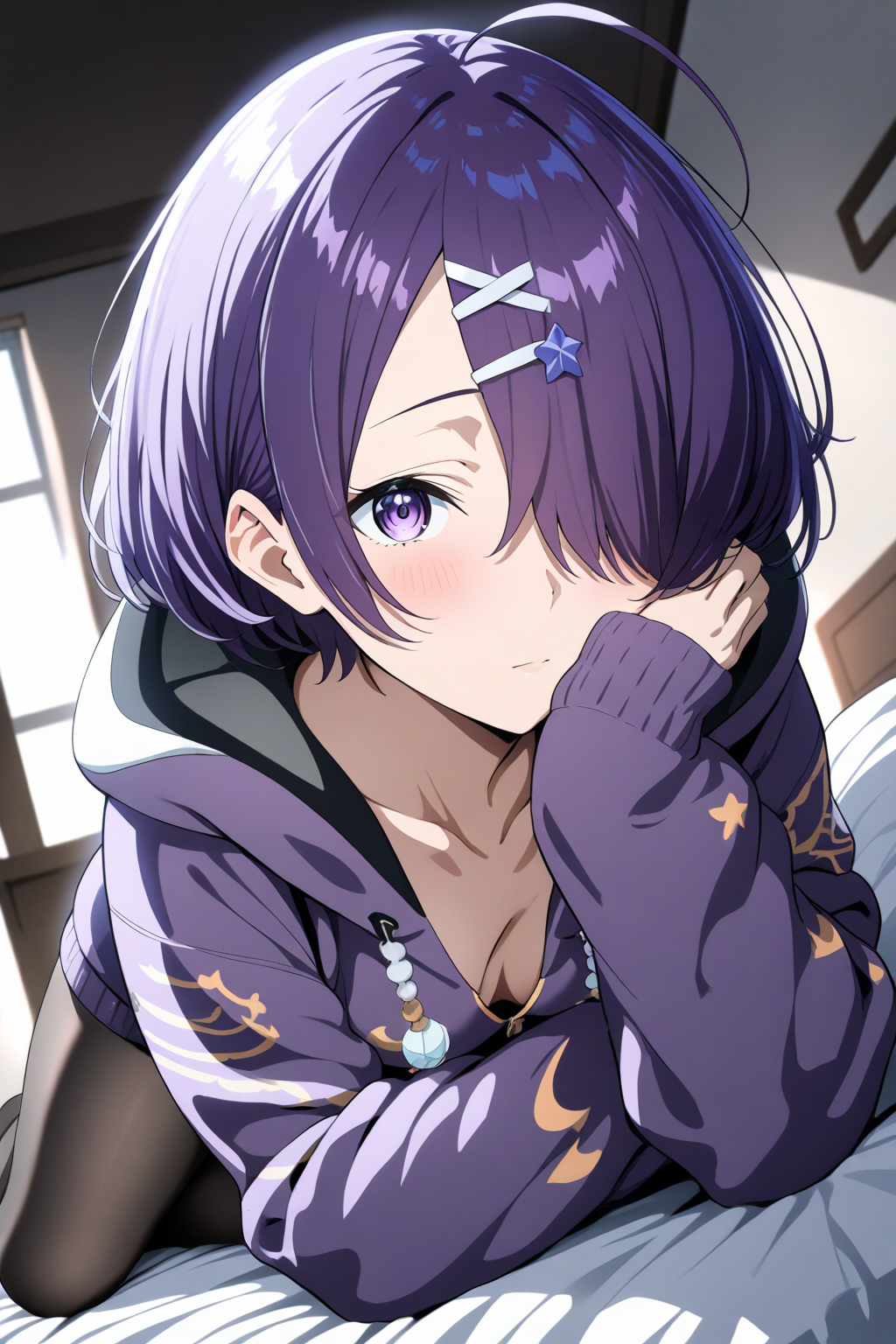 1girl, solo, dutch angle,
kiso azuki, kiso azuki 2nd costume,
short hair, purple hair, hair over one eye, ahoge,
hair ornament,
purple eyes,
lying down,
hoodie, hood down,
long sleeves, sleeves past wrists, arm rest,
black pantyhose,
bedroom, on bed,
<lora:kp_KisoAzukiAnimagineXL_v1:1.0>
masterpiece, high score, great score, absurdres,
ultra-detailed, anime style, low-key lighting, high resolution,