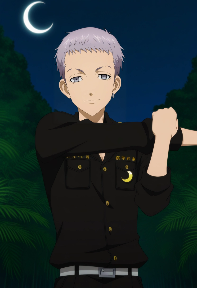 masterpiece, best quality, , anime screencap, anime coloring, official style, looking at viewer, 1boy, solo, male focus, <lora:takashi_mitsuya_ilxl:0.94>, takashi_mitsuya, grey hair, grey eyes, short hair, , , panorama, jungle, night, crescent moon, stretching, light smile,