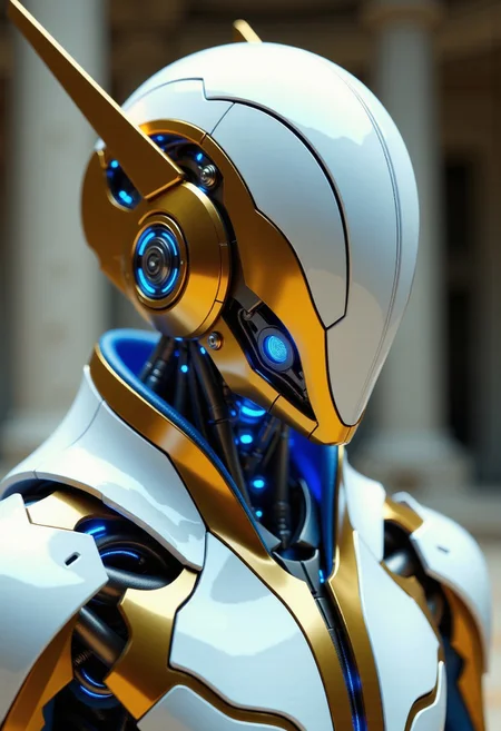 in the style of ckfa, Photorealistic portrait of a faceless android warrior, forged with the elegant, advanced technology and aesthetic of the StarCraft Protoss. Shown in a graceful quarter view, head held high with a slight contemplative tilt. Features a sleek helmet design with a flowing, golden V-shaped crest converging towards a central energy point, crafted from polished white and gold alloys. The helmet's sides are perfectly smooth, curving elegantly backwards. A brilliant, steady blue psi-energy glows softly from the central point and fine, inscribed conduits tracing the helmet's surface. Extremely intricate neck and upper torso are visible, displaying seamlessly layered golden and white plates with precise, glowing blue energy seams, suggesting advanced power systems and perhaps integrated Khaydarin crystal matrices. The design emphasizes smooth curves and technological sophistication over exposed mechanics. Set against a serene, out-of-focus background hinting at Protoss architecture or a Xel'Naga temple. Clean, ethereal cinematic lighting emphasizing the polished surfaces and radiant energy glow, hyperrealistic textures, shallow depth of field.
