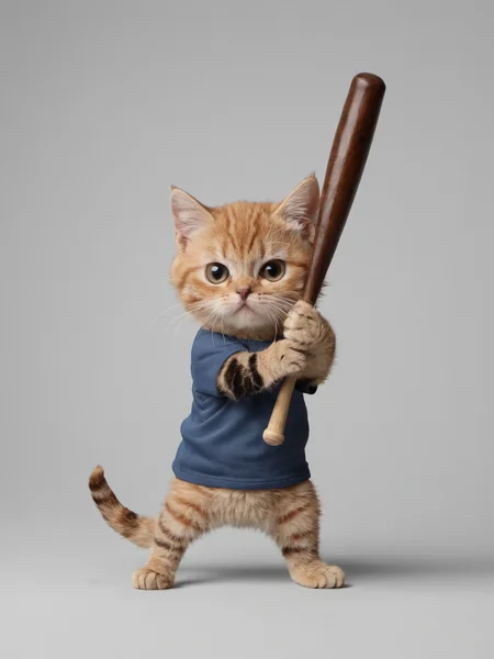 a cat holding a baseball bat, batting pose