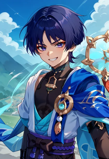score_9, score_8_up, score_7_up, source_anime, highly detailed,
scaramou,1boy, male focus, solo, indigo hair, short hair, bangs, purple eyes, red eyeshadow,, japanese clothes, mandarin collar, shirt, black shirt, sleeveless, vest, blue vest, open vest, cape, blue cape, elbow gloves, black gloves, fingerless gloves, kote, belt, purple belt, shorts, black shorts, flying. spell, wind, wind spell, grin, determined, magic, upper body, slender, skinny, looking at viewer,
outdoor, sky, mountains,