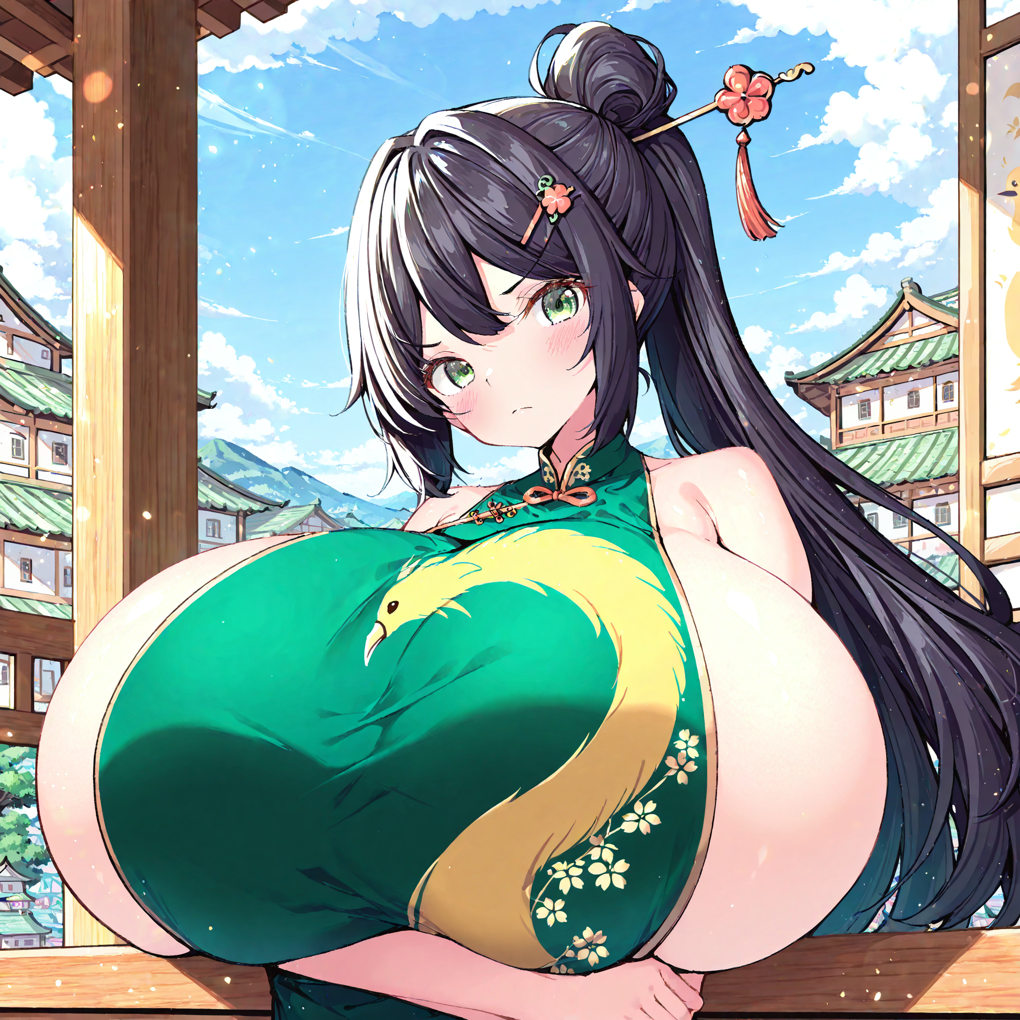 (masterpiece), best quality, (highly detailed), 1female, solo, <lora:sao73cat_style_Illustrious_r1:0.8>, gigantic breasts, green chinese dress, black hair, long ponytail, green eyes, hairpin, sideboob, golden bird print, village, arms crossed, eyebrow raised, lifting own breasts,