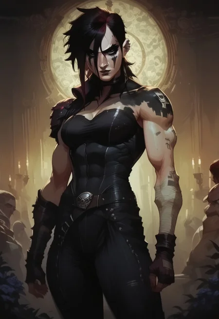 score_9, score_8_up, score_7_up, concept art, realistic, BREAK, 1woman, cowboy-shot, beautiful, dramatic lights, ((Vi. Gothvi. Vinothingtolose. Viarcane.))