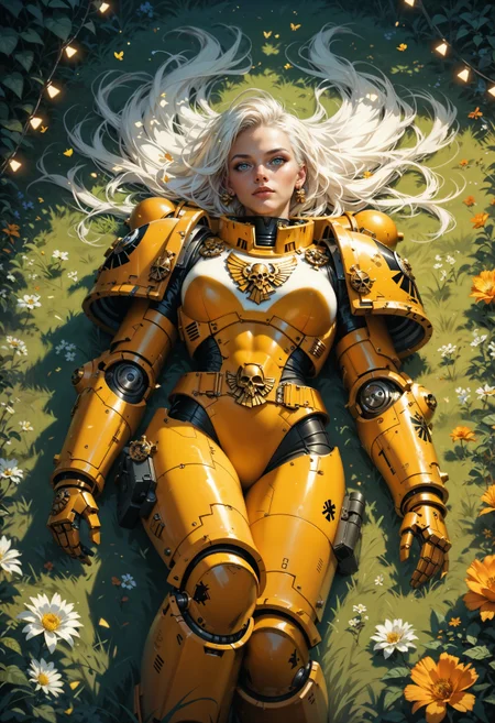 (score_9, score_8_up), score_7_up, <lora:PonyImperialF40k:0.8> ImperialF40k, 1girl, wearing yellow power armor, white hair, laying in the woods, on grass, from above, sunny, beautiful lights