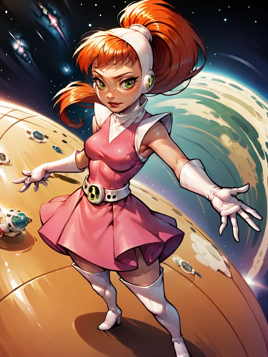 score_9, score_8_up, score_7_up, score_6_up, score_5_up, <lora:AtomicBettyXLP:1> atomic betty, 1girl, gloves, solo, green eyes, thigh boots, ponytail, elbow gloves, dress, curvy, space