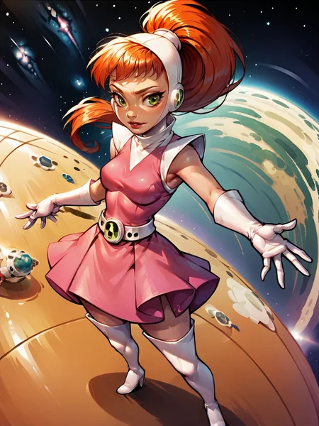 score_9, score_8_up, score_7_up, score_6_up, score_5_up, <lora:AtomicBettyXLP:1> atomic betty, 1girl, gloves, solo, green eyes, thigh boots, ponytail, elbow gloves, dress, curvy, space