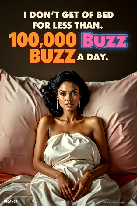 mvpstr. Epic movie poster inspired by the iconic quote of supermodel Linda Evangelista, reading, 'I don't get out of bed for less than 10,000 Buzz a day.' The poster should feature a glamorous, retro-inspired portrait of Linda Evangelista. She's lounging luxuriously in bed, surrounded by satin pillows and a chic bedroom setting, exuding effortless elegance and a touch of diva attitude. Her expression is confident and a bit cheeky, hinting at the humor behind the statement.
In bold, stylish typography, the quote is displayed prominently at the top, with the word 'Buzz' playfully highlighted or designed to resemble a vibrant energy drink logo. The overall style should mix high-fashion glamour with lighthearted humor, making it both empowering and fun., <lora:schnell_v1.0:1.0> <lora:EpicMoviePoster-000015:0.6><lora:793974303231221522:0>