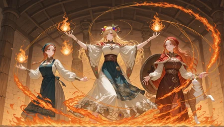 Bella_Jockitch, (dynamic action pose:1.2), cleavage, (blonde, hearth, longhouse, golden thread), Wears a warm ochre linen underdress with long, fitted sleeves, braided hair pinned with golden thread and bone charms, overlaid by a dark blue apron-dress fastened by ornate turtle brooches, strings of amber and bone beads, practical wool sash, fire ritual dancing in the hearth, a wooden village visible through the carved totem-marked door, a shield and axe resting by her side, townsfolk shadows flickering in the firelight, glowing runes inscribed along the beams. skinny, athletic, <lora:NBN-Freyja_NordicByNature:0.8> nbn-freyja ,freyja, auburn hair, braided hair, cat,rune jewelry,feathered cloak,magic, ancient palace, Secret Garden, Hidden oasis with winding pathways, blooming flowers, trickling fountains, secluded alcoves, a pavilion for private meetings pr3tty_h4lluc1nat10ns