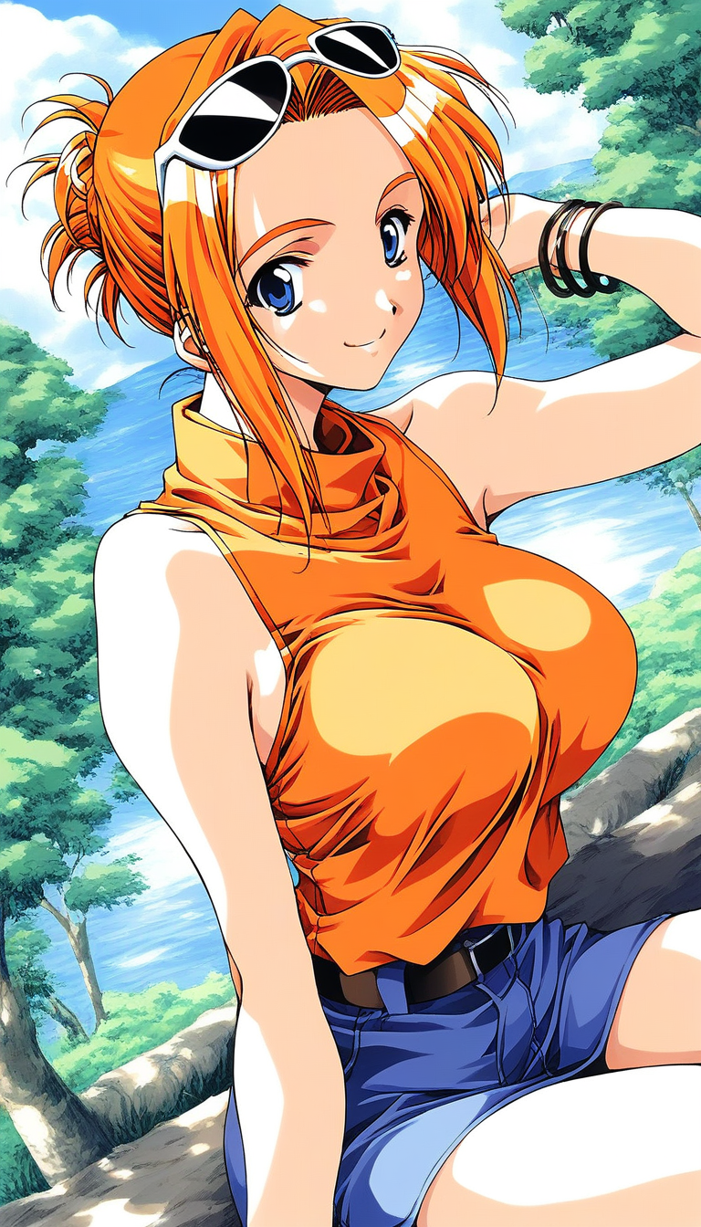 score_9, score_8_up, score_7_up, source_anime, rating_explicit, BREAK <lora:Kanou_Makoto_XL:1>Kanou_Makoto, blue eyes, orange hair, 1990s (style), large breasts,
day, outdoors, sleeveless, jewelry,  bracelet, smile, dutch angle, sunglasses, eyewear on head, tree, solo focus, sky, short hair, shirt, looking at viewer, brown hair, orange shirt, 
1990s (style), sitting, sleeveless shirt, turtleneck, 1girl, bare shoulders,