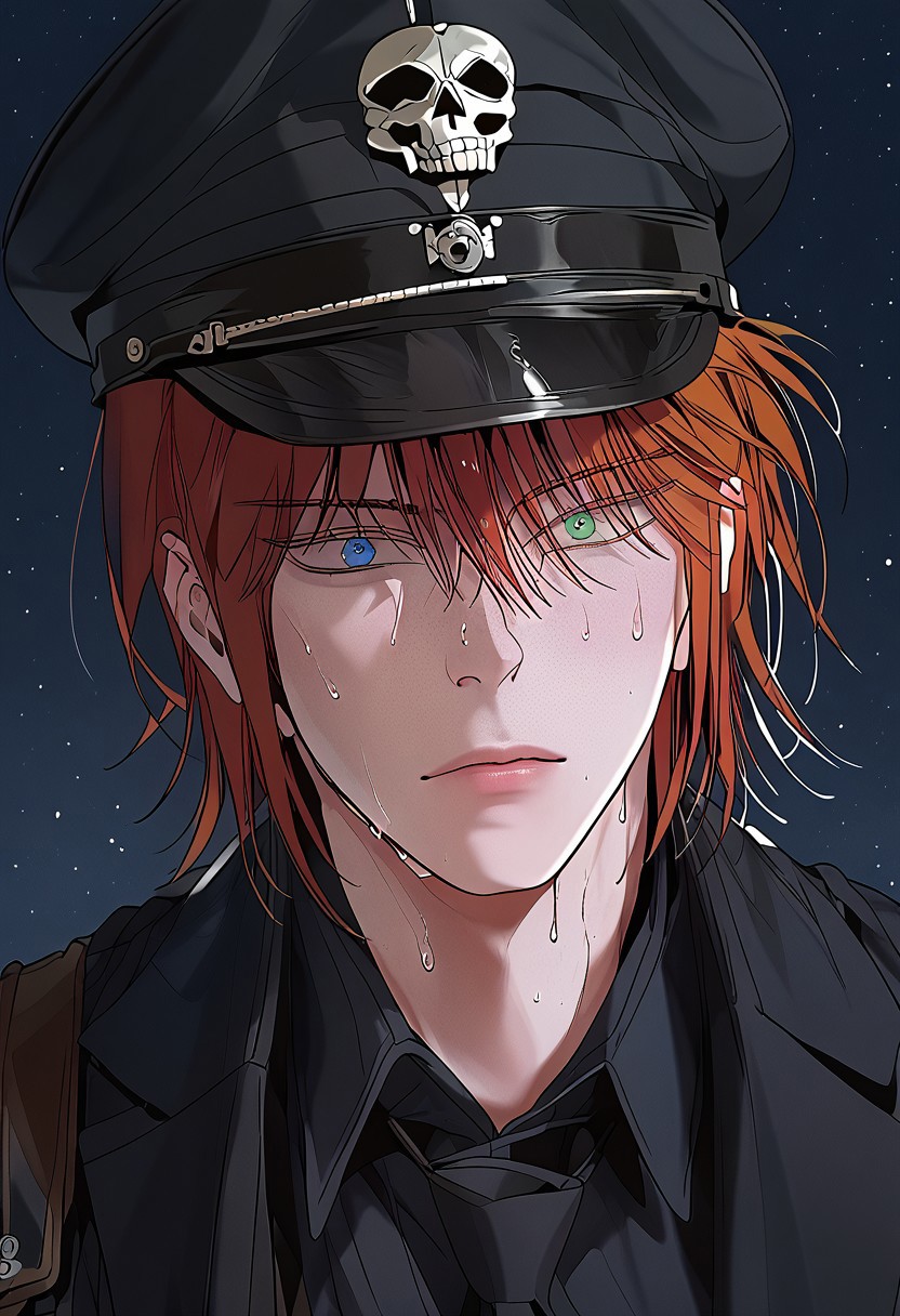 score_9, score_8_up, score_7_up, score_6_up, source_anime, 2d, 1boy, handsome boy, athletic body, manly boy, toned body, toned, male focus, solo, sweat, <lora:Chaos__Hero_Killer__Manhwa__webtoon:1>, Chaos, heterochromia, blue eye, green eye, auburn hair, medium hair, scars all over the body, closed lips, perface face, (perfect face, perfect eyes:1.2), looking at viewer, bishounen, toned male, solo, athletic build, large pectorals, abs, six pack, pecs, cute boy in his mid twenties, dark background,  <lora:warden-ponyxl-lora-nochekaiser_r1:1>, skull hat ornament, uniform, military uniform, black uniform, hat, cap, black cap, armband, collared shirt, black necktie, upper body