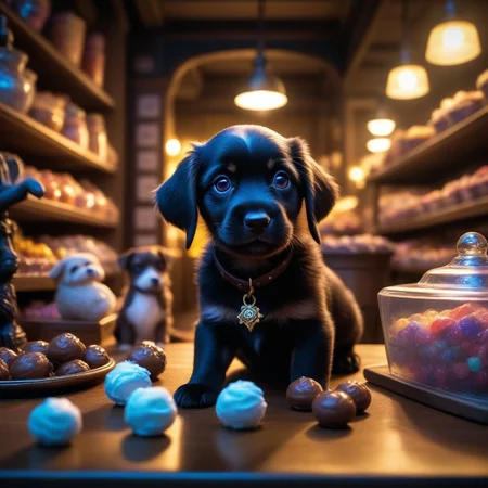 Black lighting,In the Confectionery Realm of Infinite Sweet Delights,Puppy Dog,own hands together,(detailed masterpiece intricate details award winning lots of details),Role-playing game (RPG) style fantasy Detailed vibrant immersive reminiscent of high fantasy RPG games,Nikon Z9,bokeh effect film effect highly intricate detail cinematic real aesthetic very fine elegant sharp focus creative positive light artistic cheerful rational new pleasant lovely